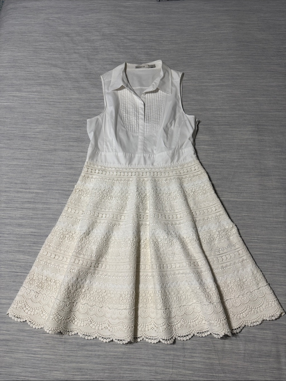Karen Millen White Sleeveless Pleated Shirt Dress Lace Skater Panel Sz US 10